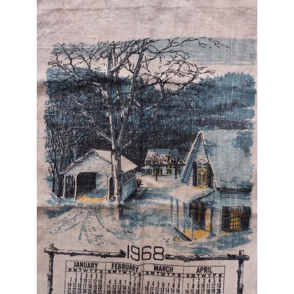 Vintage 1968 Linen Calendar Tea Towel Winter Covered Bridge Snowy Scene Decor